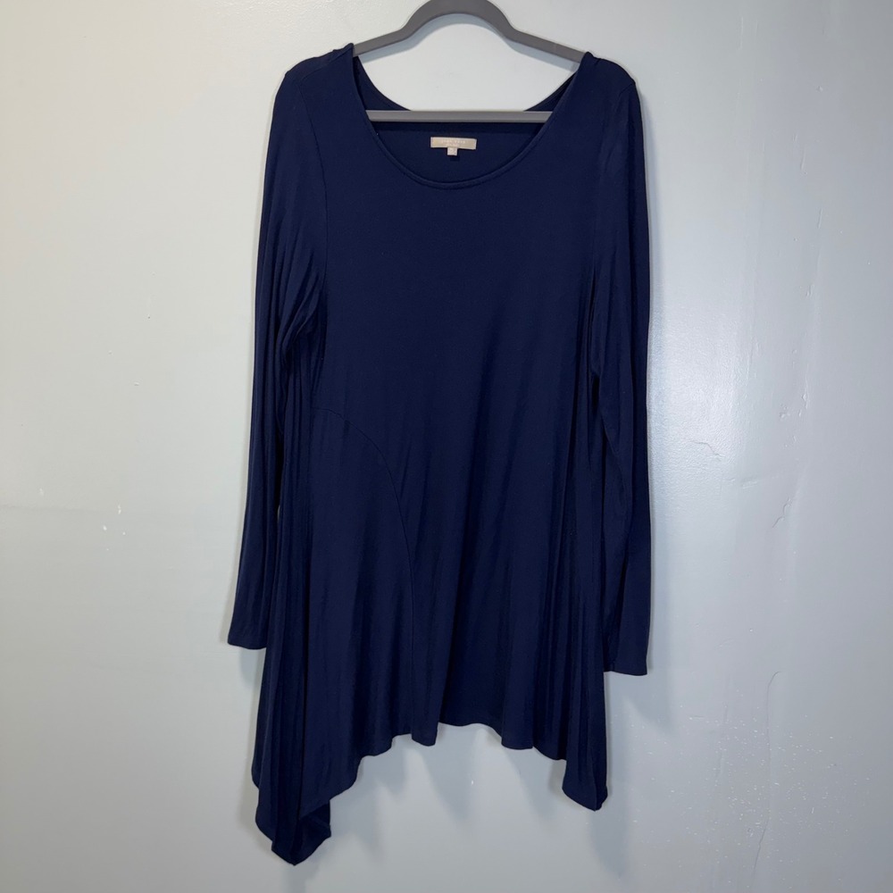 Joan Vass New York Navy Blue Asymmetric Sharkbite Hem Tunic‎ Top XL Long Sleeve